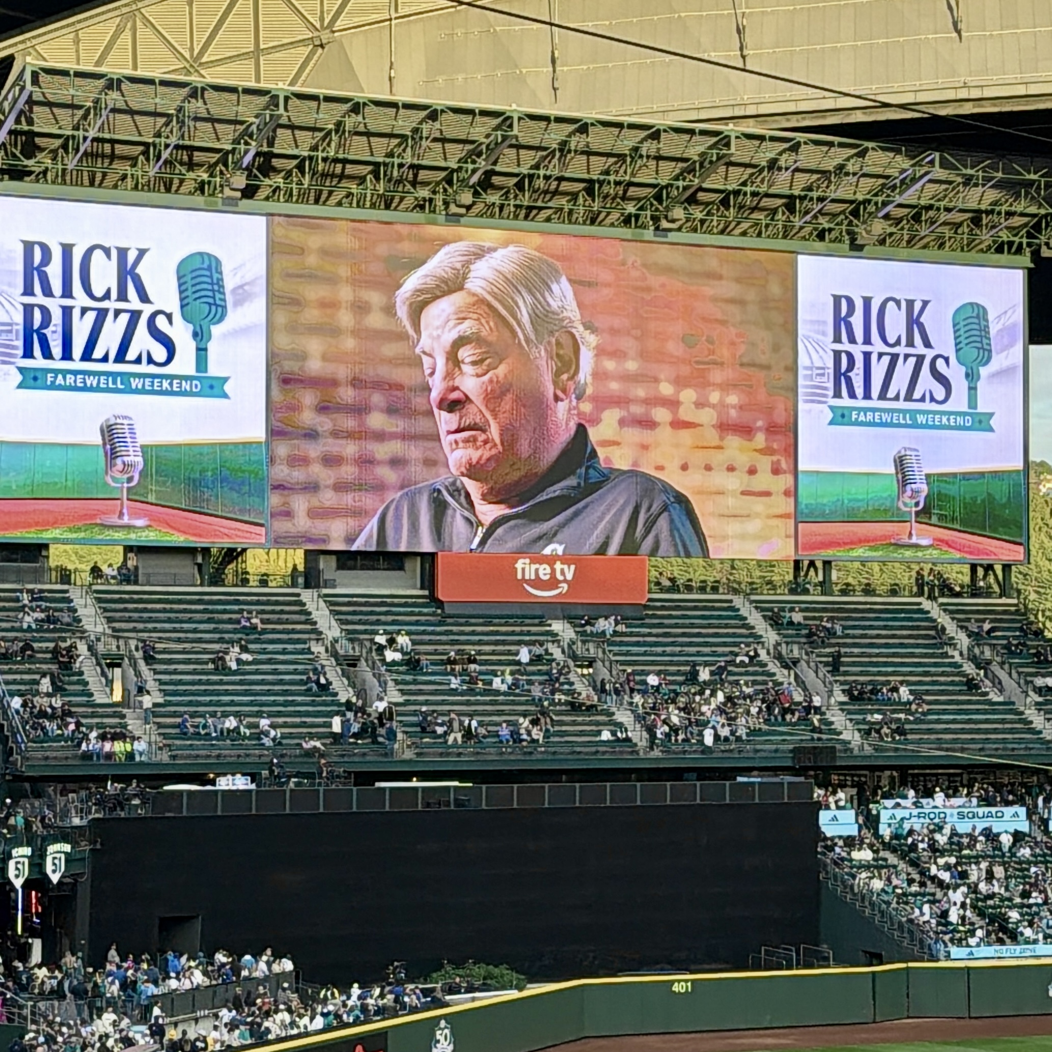 The ballpark's big screen showing Rick Rizzs during his farewell weekend.